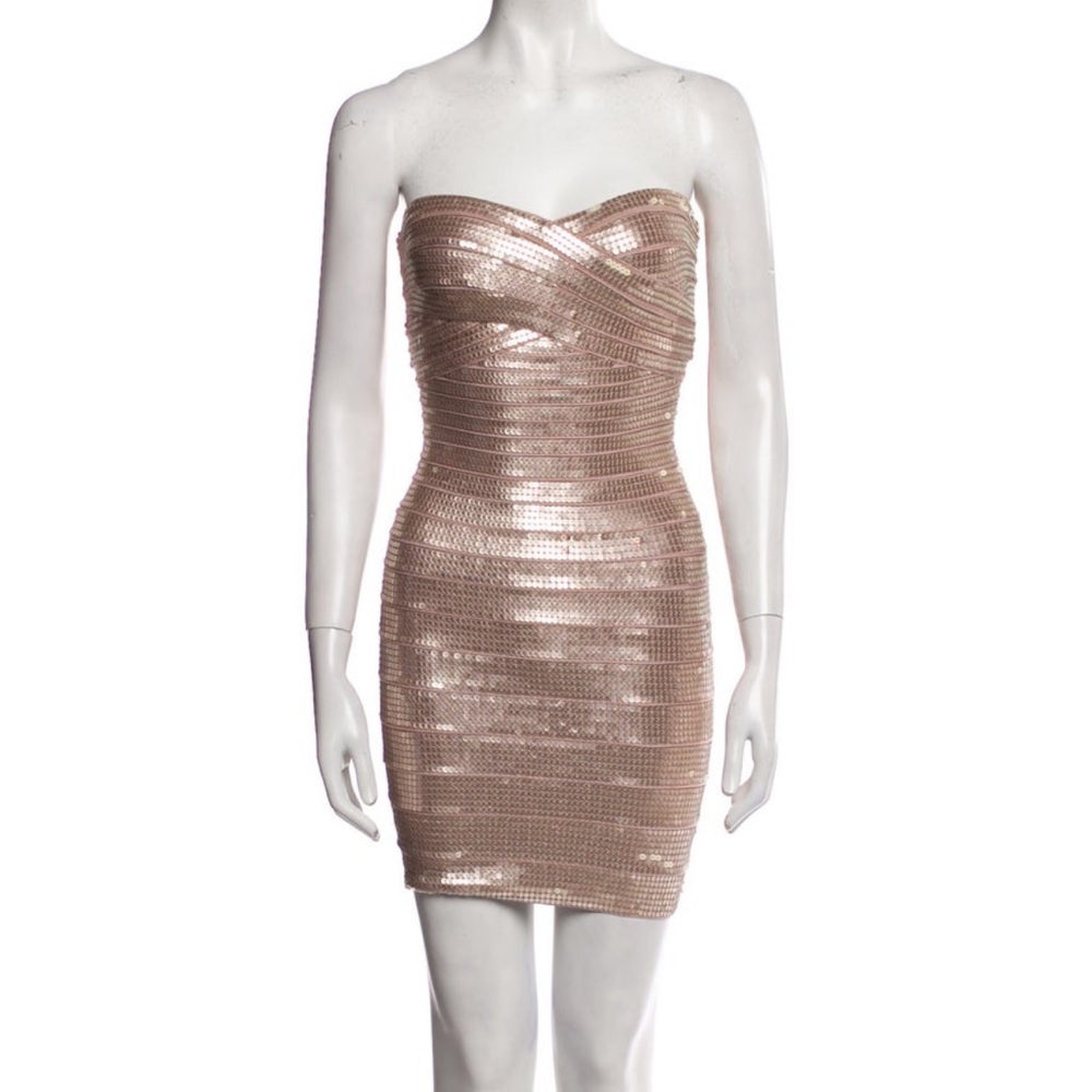 Herve Leger Rose Gold Strapless Bandage Dress